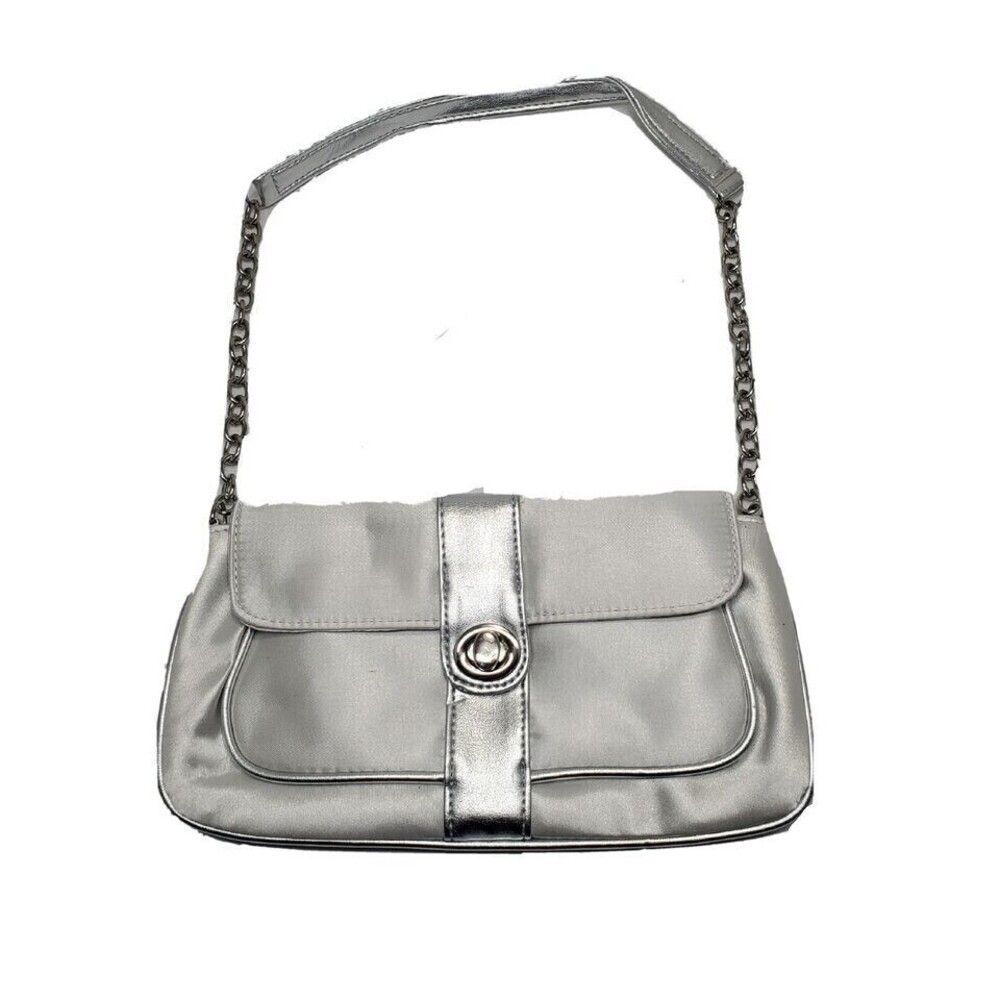 Vintage Silver Clutch Purse Fabric Wedding Evening Bag Chain Strap Lined Handbag